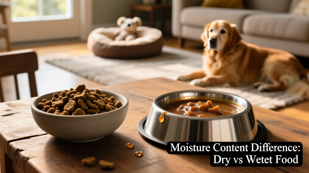 Side-by-side comparison showing moisture content difference between dry kibble and wet food