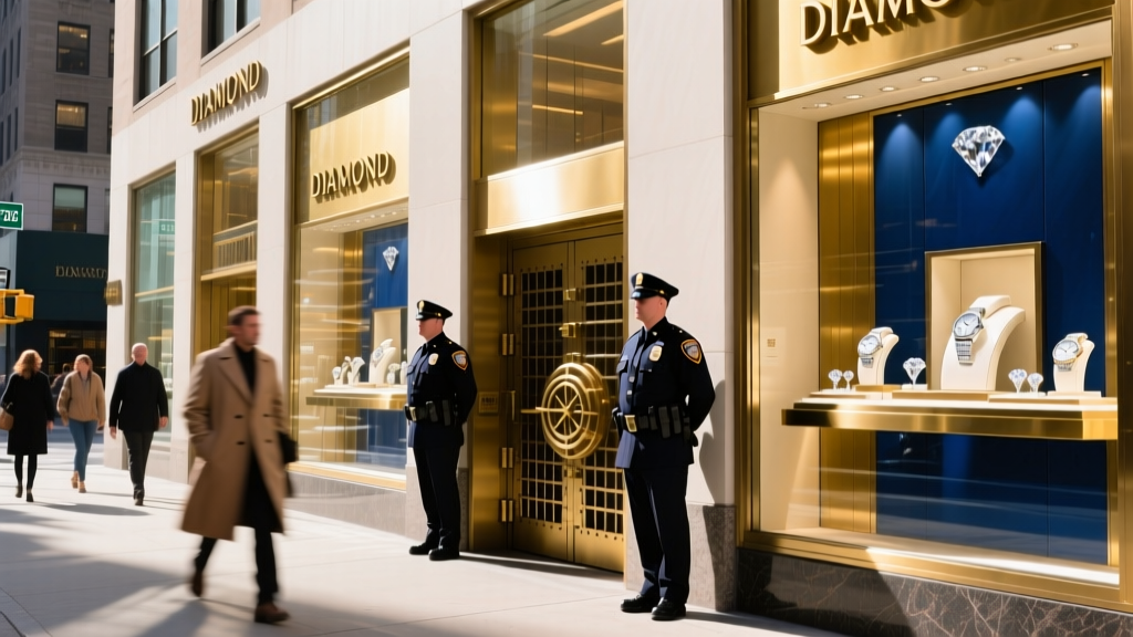 Street view of West 47th Street Manhattan showing jewelry storefronts, pedestrians, and security guards outside diamond exchanges
