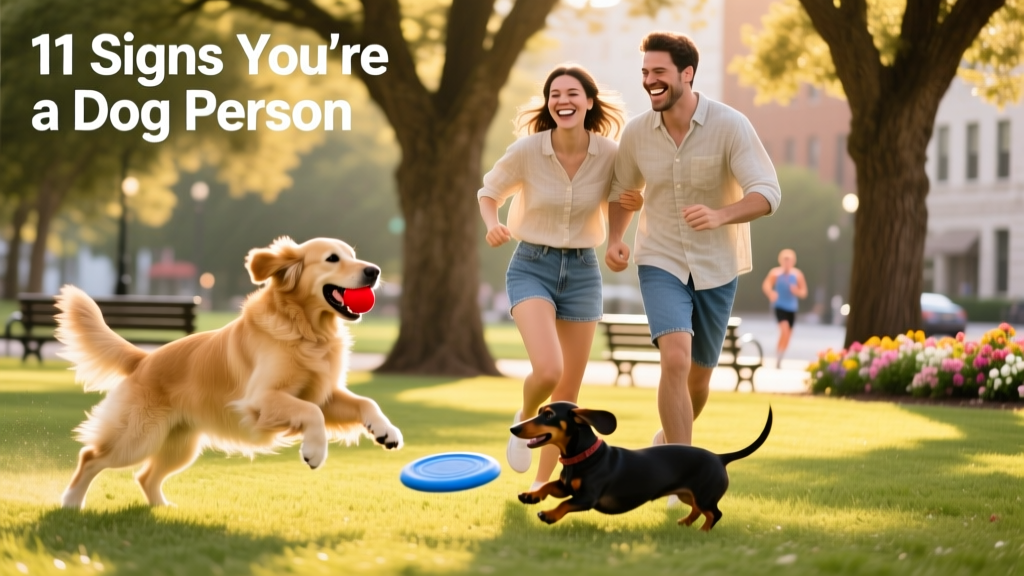 Two dog owners laughing together at a park while their dogs play side-by-side