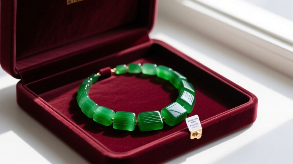 Open velvet jewelry box showing a chunky green resin necklace stored flat in a wide compartment alongside a small anti-tarnish tab.