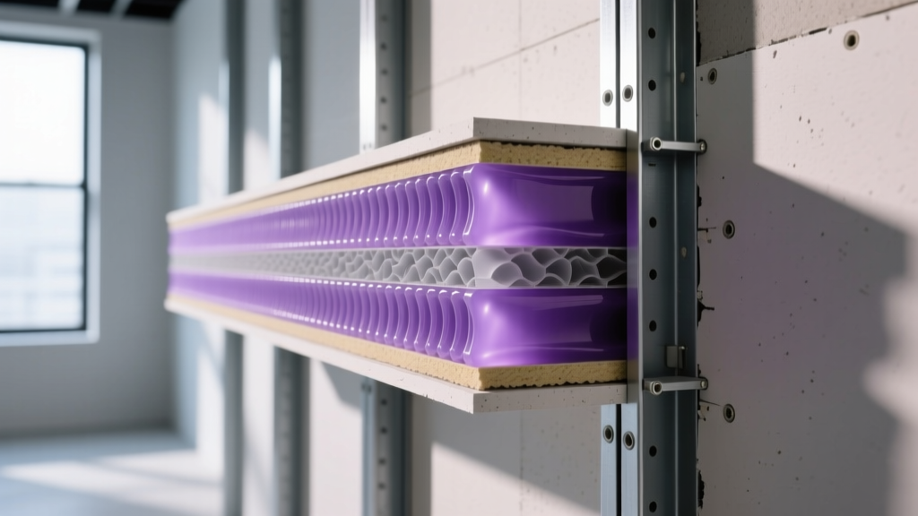 Cross-section of purple-faced noise-reducing drywall revealing the viscoelastic polymer core layer installed on metal wall studs.