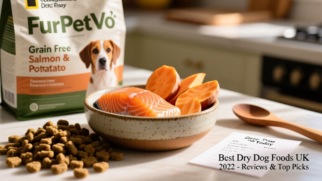 Close-up of kibble from FurPetVo’s Grain-Free Salmon & Sweet Potato recipe beside a bowl of fresh salmon and sliced sweet potato