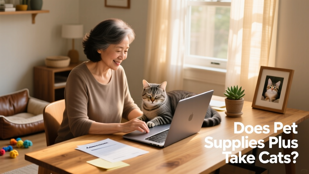 Person reviewing cat adoption applications on a laptop, with a calm cat nearby