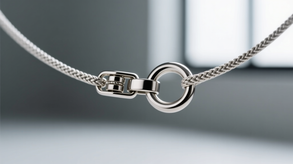 Macro shot of an elastic band necklace clasp, showing the secure metal crimp bead and a hypoallergenic stainless steel jump ring
