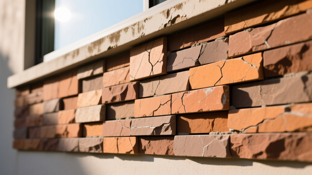 Close-up of interlocking manufactured stone veneer ledger panels in rustic earth tones being dry-stacked on an exterior accent wall