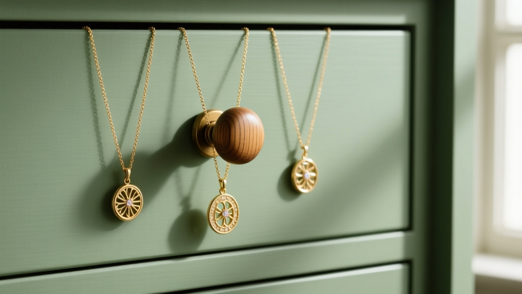 Wooden drawer knob wall mount holding three delicate gold pendant necklaces against a matte sage green painted drywall background