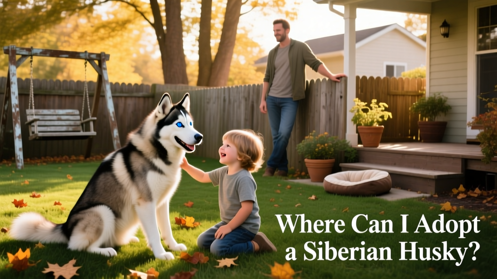 A happy Siberian Husky playing gently with children in a fenced backyard, supervised by an adult