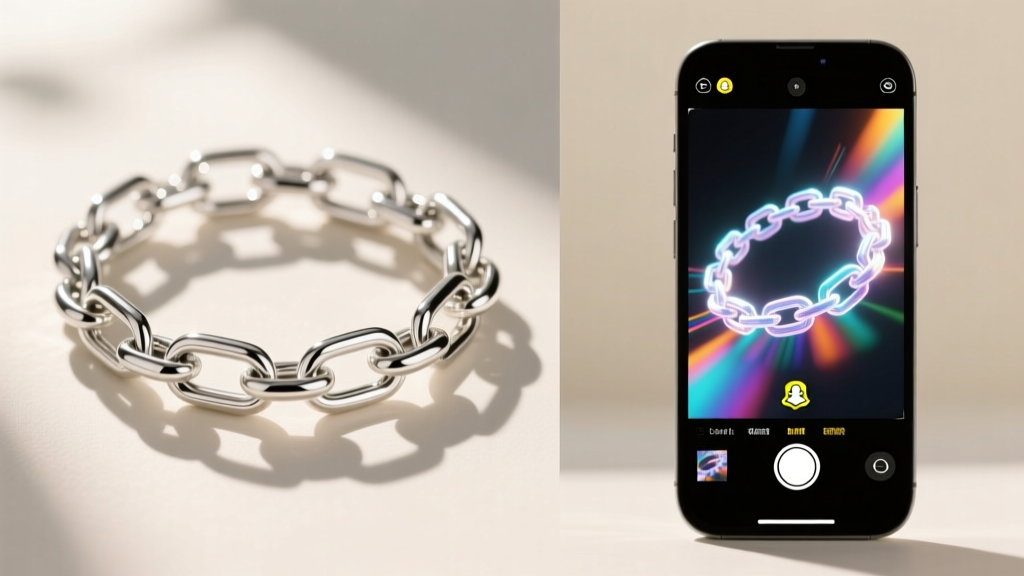 Split-screen of a real sterling silver paperclip chain next to a Snapchat AR rendering on a smartphone screen in bright daylight.