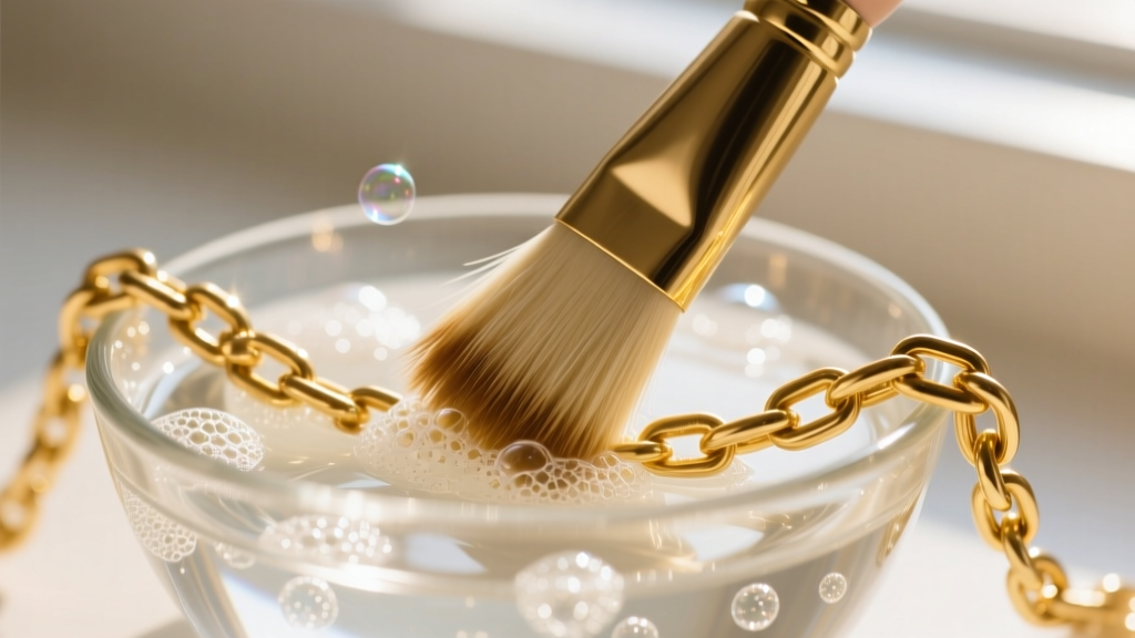 Soft horsehair brush cleaning a heavy gold rope chain in a glass bowl of soapy water, bright natural light, macro photography.