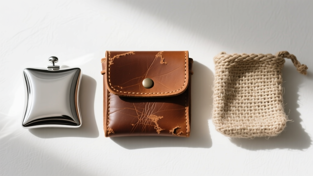Flat lay comparing three medicine pouch materials: distressed brown full-grain leather, polished sterling silver, and woven hemp.