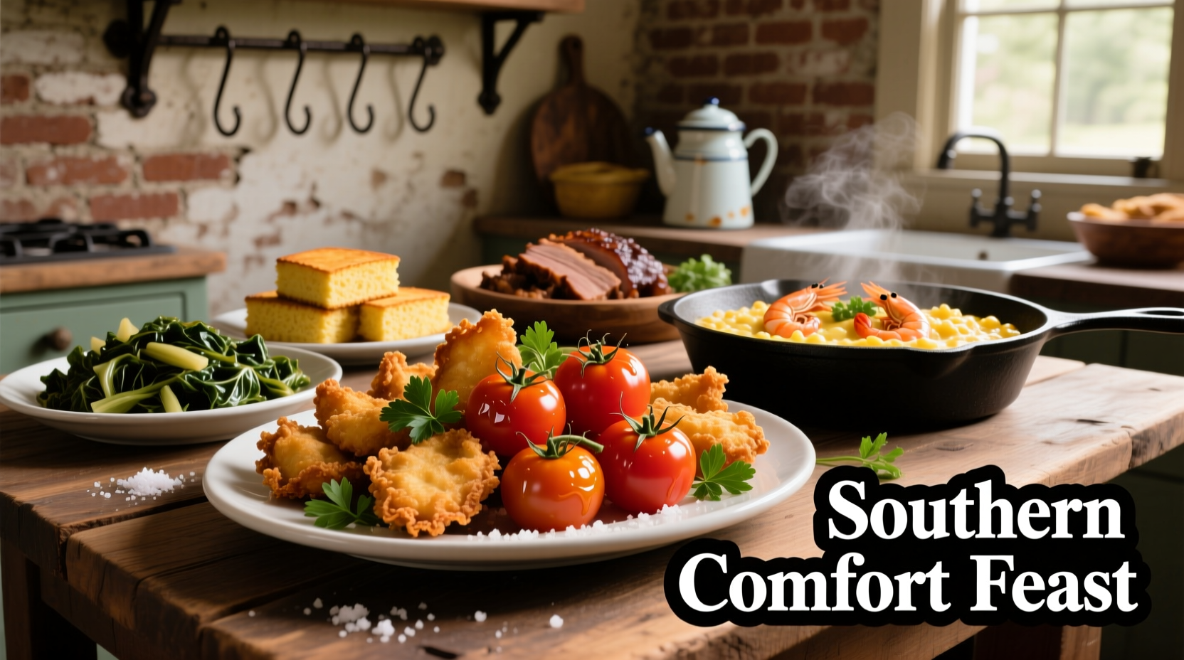 Fried tomatoes and Southern buffet selections on display