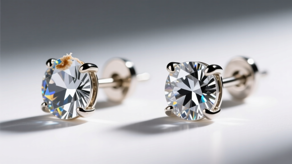 Close-up comparison of glue-set crystal earring versus a secure four-prong set crystal earring under bright studio lighting