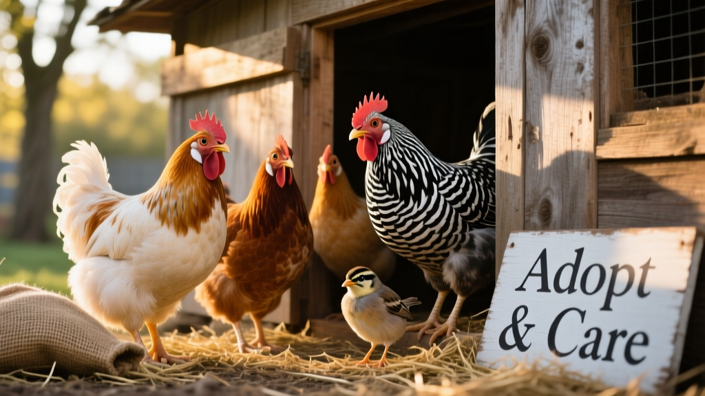 A diverse group of healthy, curious chickens—Orpingtons, Barred Rocks, and Bantams—peering out from a shaded coop entrance
