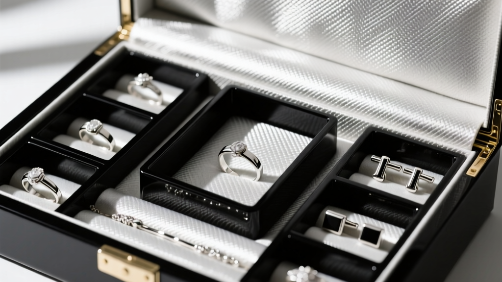 Close-up of a shields jewelry box interior showing Pacific Silvercloth lining and separate airtight compartments for silver items