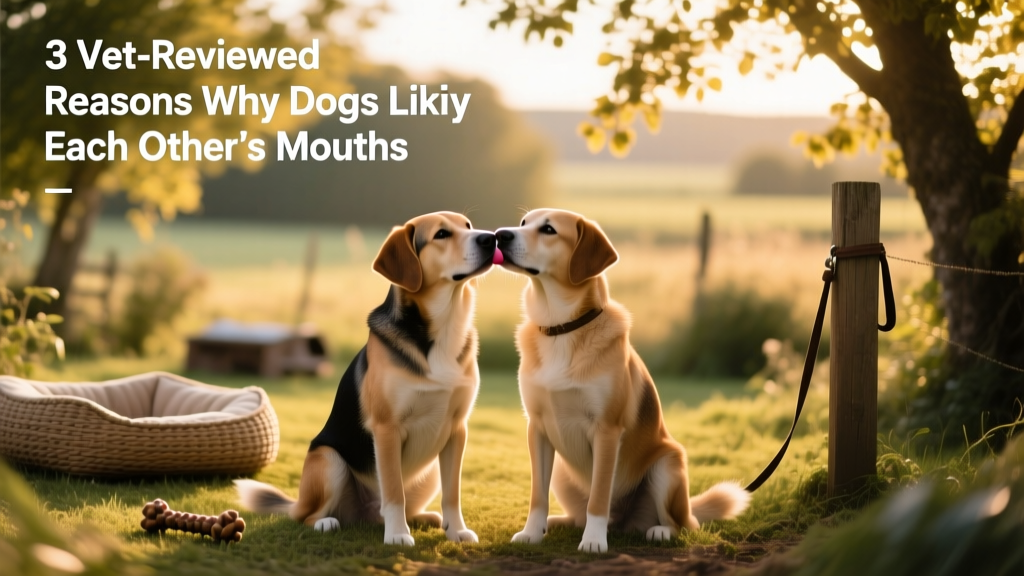Two dogs sitting side by side, one gently licking the other's cheek in a quiet, relaxed setting