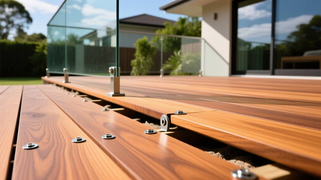 Close-up of rich Ipe hardwood deck boards being installed with stainless steel hidden fasteners on a modern suburban backyard patio with glass railings