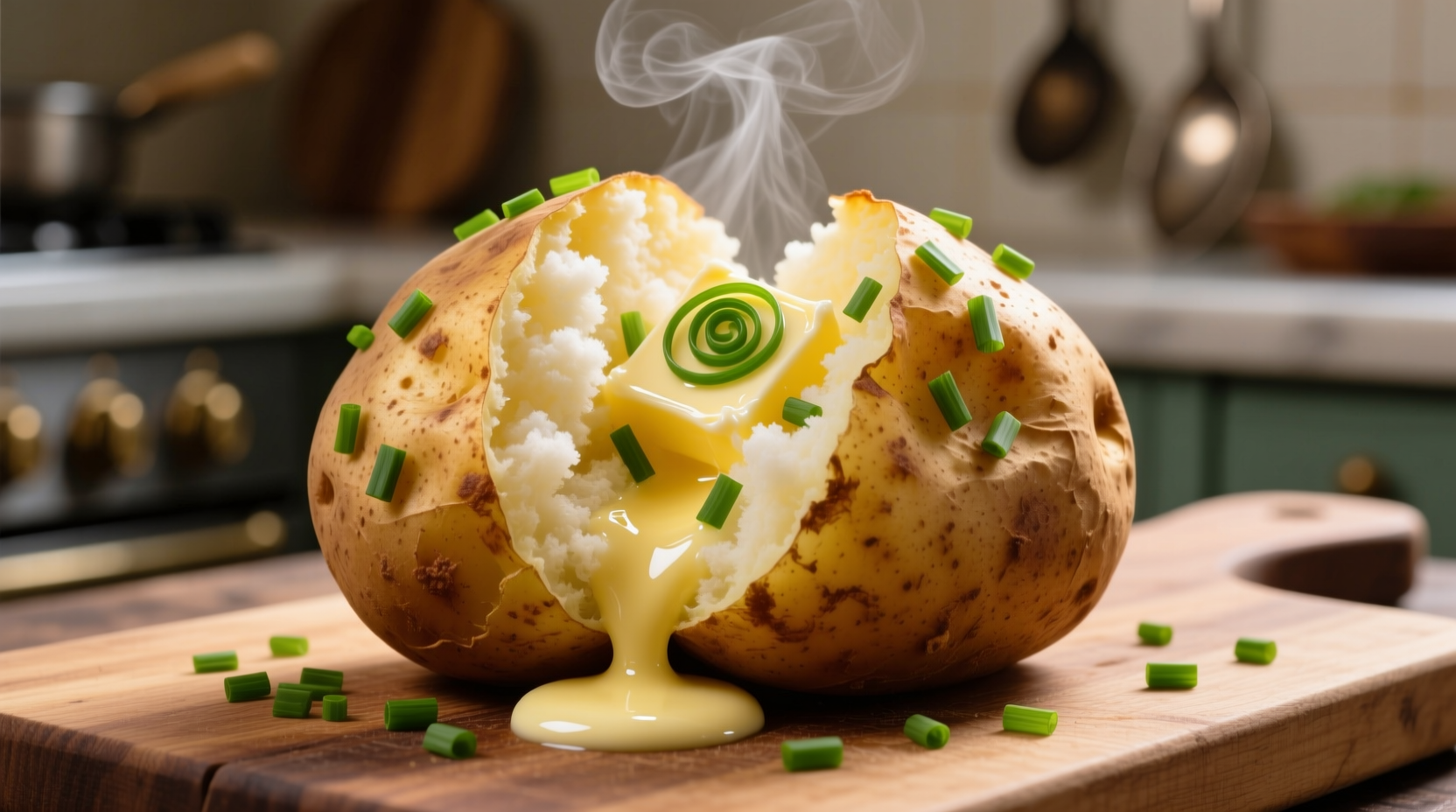 Fluffy baked potato with butter and chives