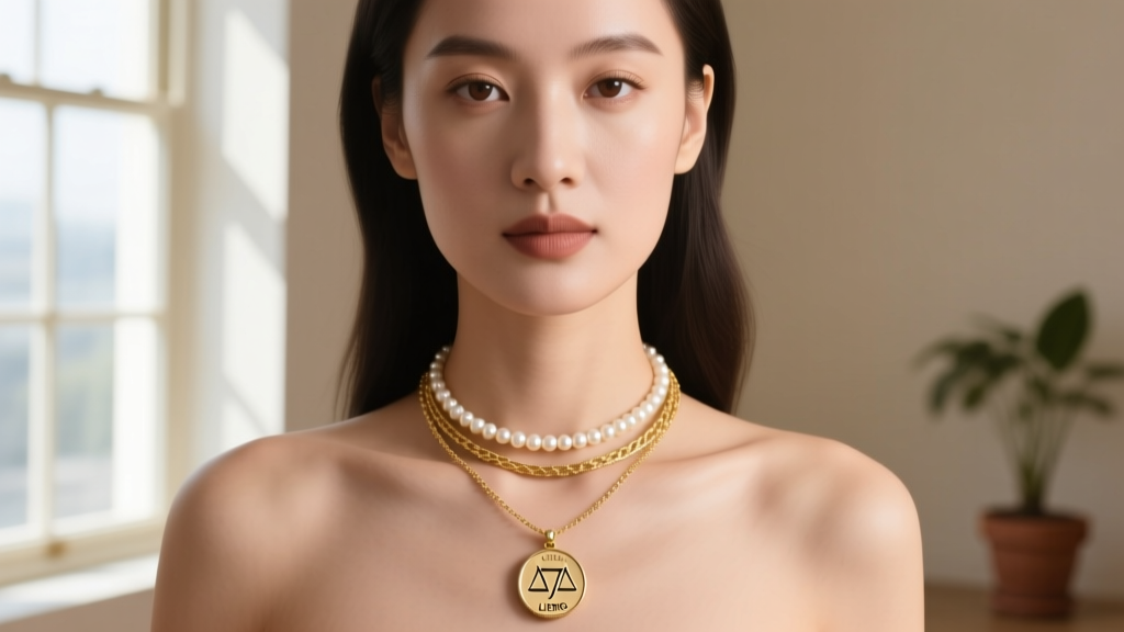 Close-up of a woman wearing a layered gold stack with a Libra zodiac coin pendant, a pearl choker, and a delicate lariat chain.