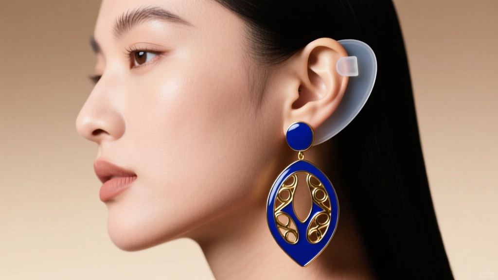 Side profile of a woman wearing a heavy enameled statement earring supported by a clear silicone earlobe patch to prevent lobe drooping.