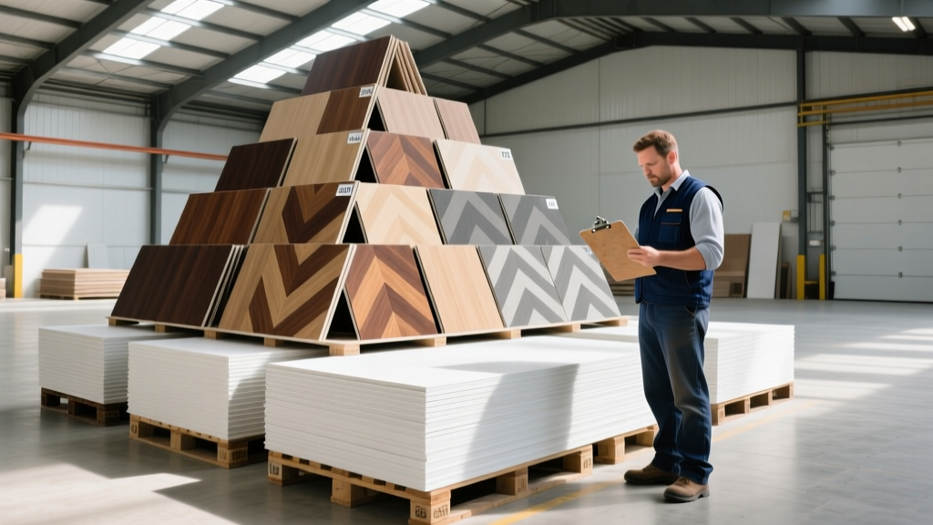Stacked pallets of surplus luxury vinyl flooring and drywall in a warehouse, with a contractor inspecting lot numbers on a clipboard