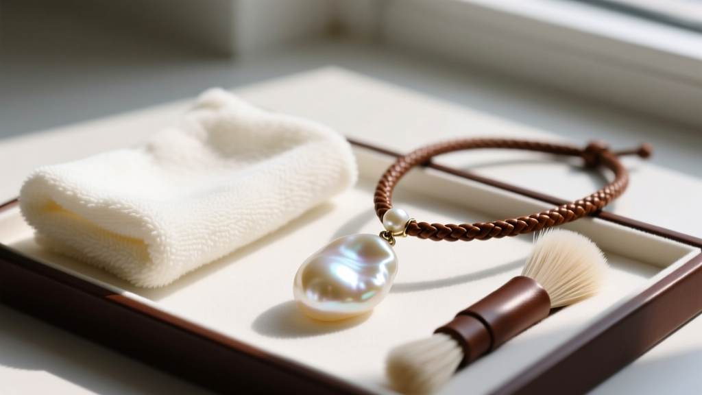 Flat lay of mens pearl care kit with microfiber cloth, soft brush, and a baroque freshwater pearl pendant on a thick leather cord