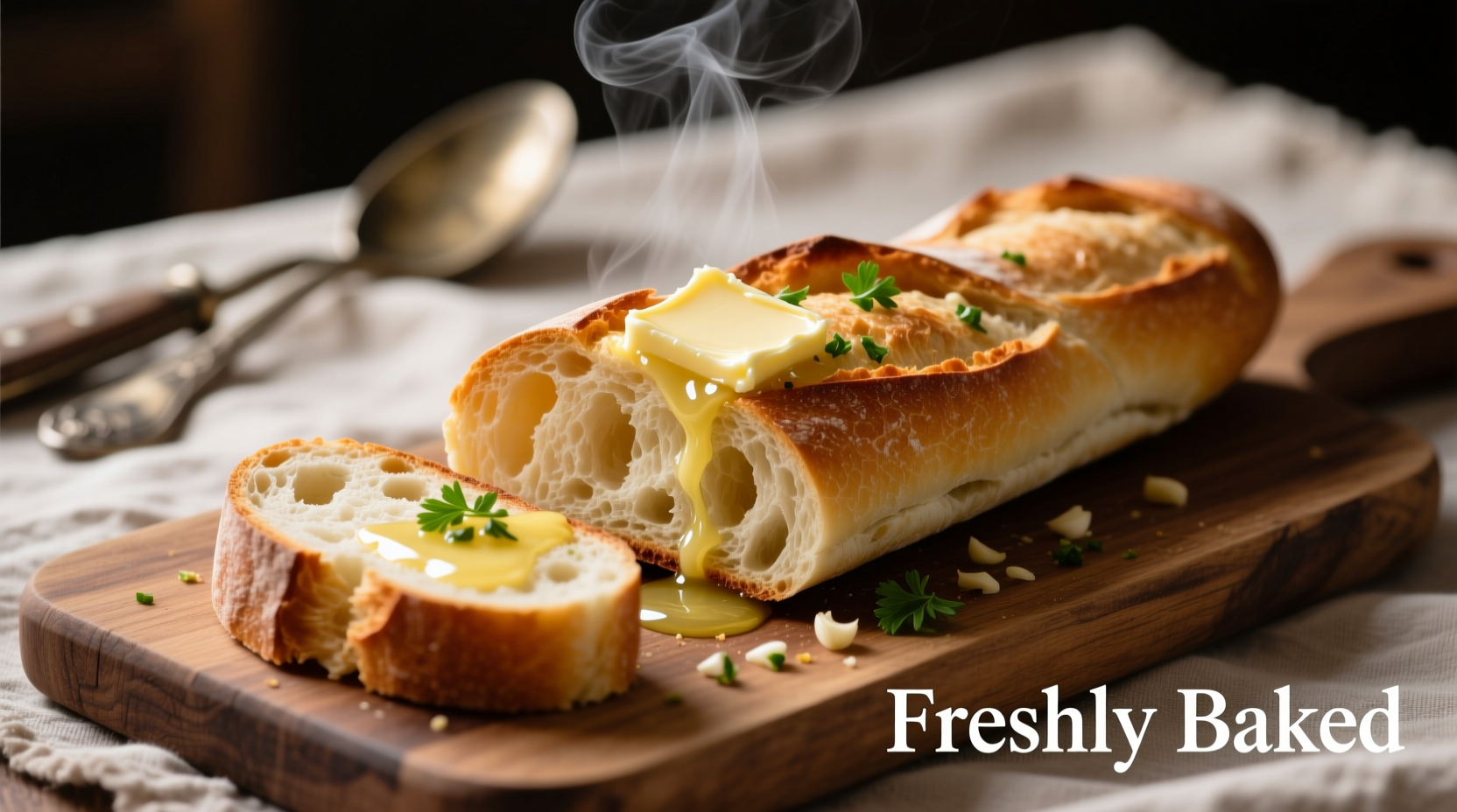 Freshly baked baguette garlic bread with melted butter