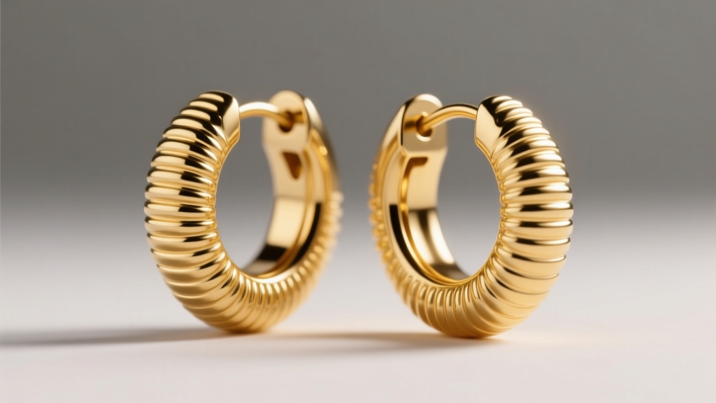 Macro photography of 14k yellow gold ribbed huggie earrings showing corrugated texture catching soft directional studio lighting