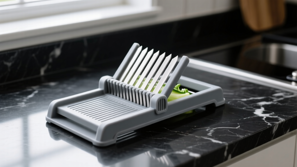 Modular 3D printed PETG vegetable slicer frame holding stainless steel julienne blades on a dark granite kitchen countertop