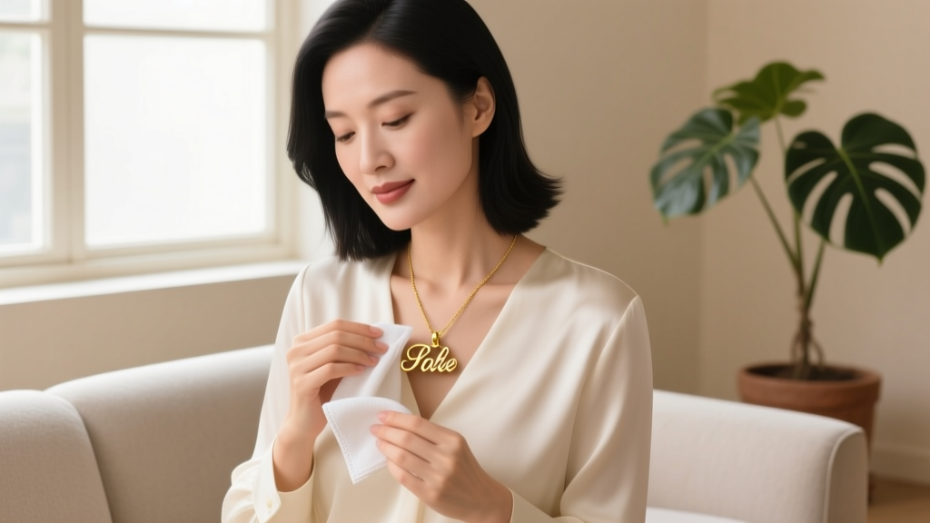 Woman gently wiping a delicate gold-plated name pendant with a microfiber cloth, demonstrating proper at-home fashion jewelry care.