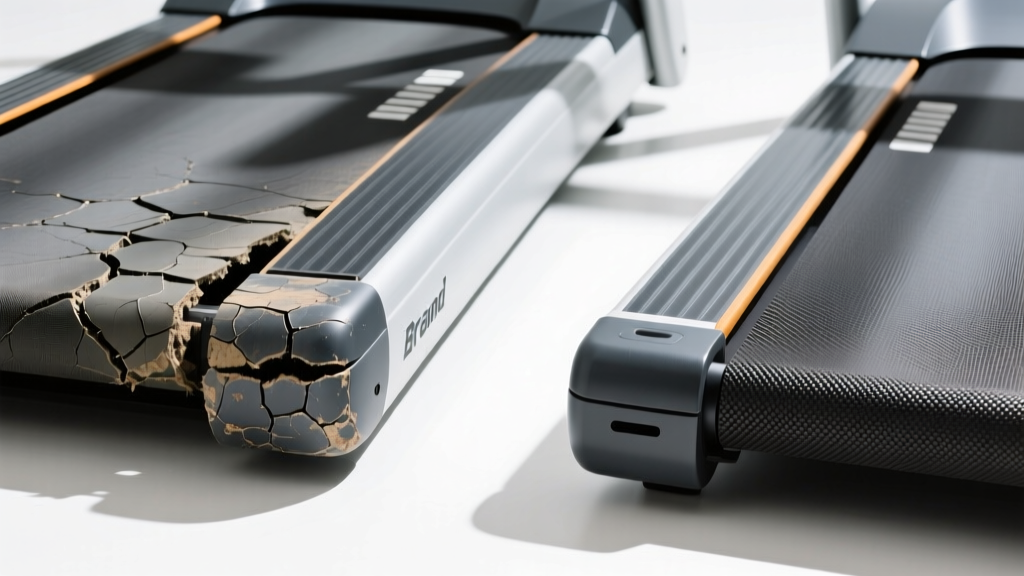 Cracked rubber slat from a high-mileage curved treadmill beside a new replacement slat showing fresh aggressive grip texture