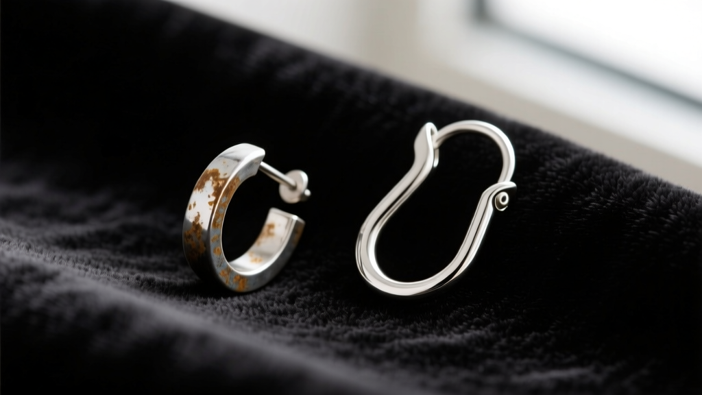 Macro shot of a tarnished sterling silver ear wire next to a pristine titanium fishhook earring finding resting on dark velvet cloth