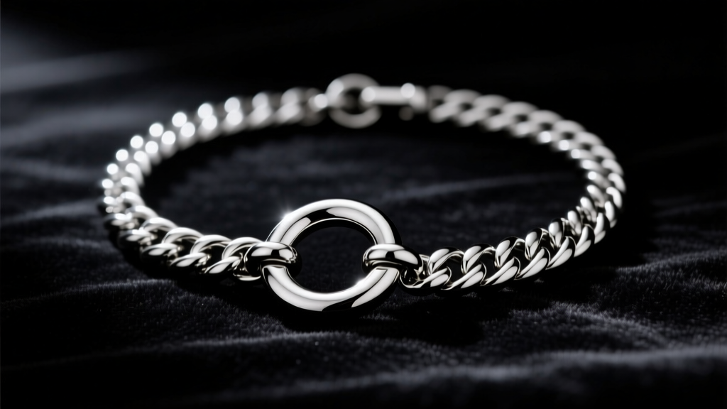 Stainless steel Cuban leash necklace with a large O-ring clasp resting on black velvet under dramatic, moody studio lighting