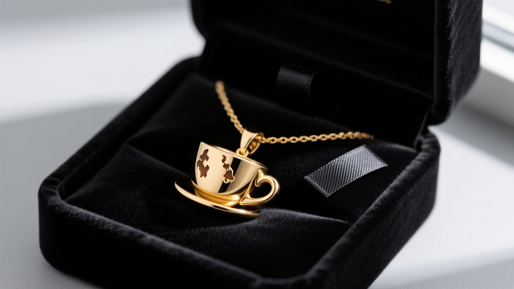 A coffee cup pendant necklace neatly coiled inside a dark velvet-lined jewelry box with a small black anti-tarnish strip nearby