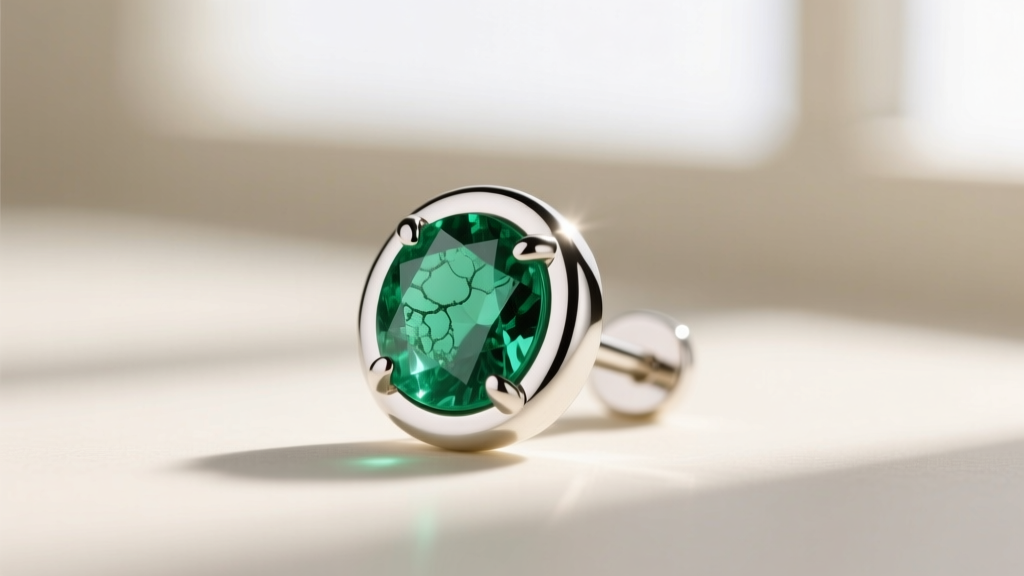 Macro shot of a 14k white gold stud earring with a bezel-set emerald, highlighting the porous green gemstone and polished metal rim.