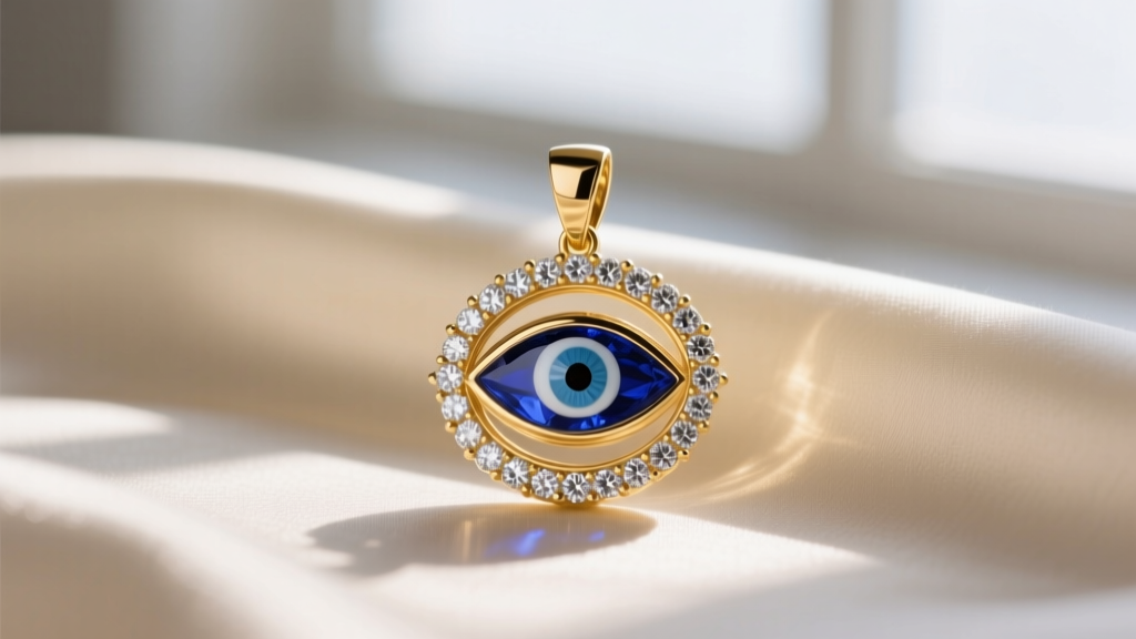 Close-up of a 14k gold nazar evil eye necklace with a sapphire and diamond halo, resting on soft cream silk fabric background.