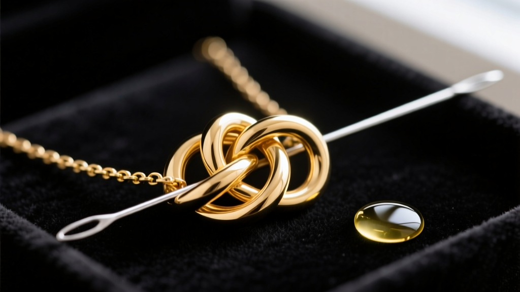 Macro shot of a tangled 14k gold necklace knot, with a sewing needle and baby oil nearby on a dark velvet jewelry tray.