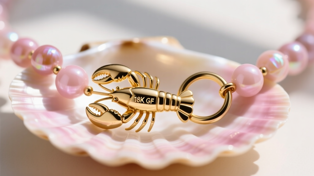 Close-up of a gold vermeil lobster clasp and jump ring on a pink shell necklace, highlighting the stamp and polished metal finish