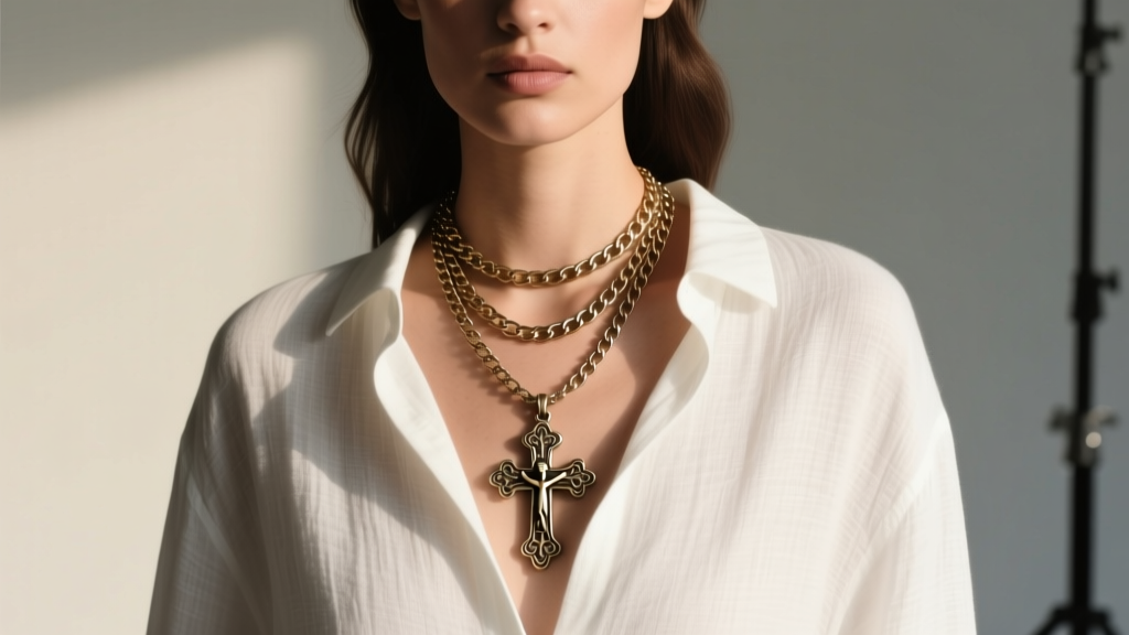 Model wearing a layered necklace setup featuring a Caravaca cross pendant on a 20-inch box chain over a crisp white linen shirt