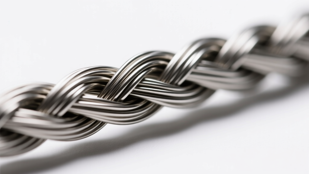 Macro shot of nylon-coated steel beading wire thicknesses, showing braided internal strand structure under bright studio lighting.