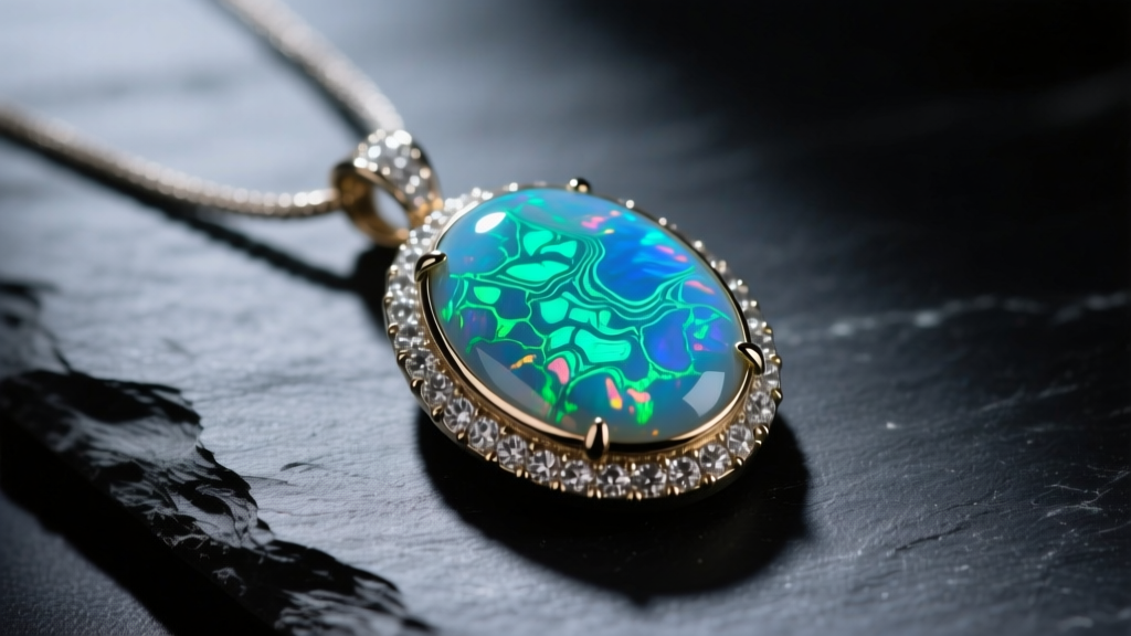 Close-up of a bezel-set Peruvian blue opal pendant necklace on dark slate, highlighting the vivid teal-green matrix patterns of the stone.