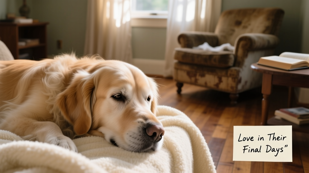 A gentle close-up of an elderly dog resting peacefully on a soft blanket in a sunlit living room