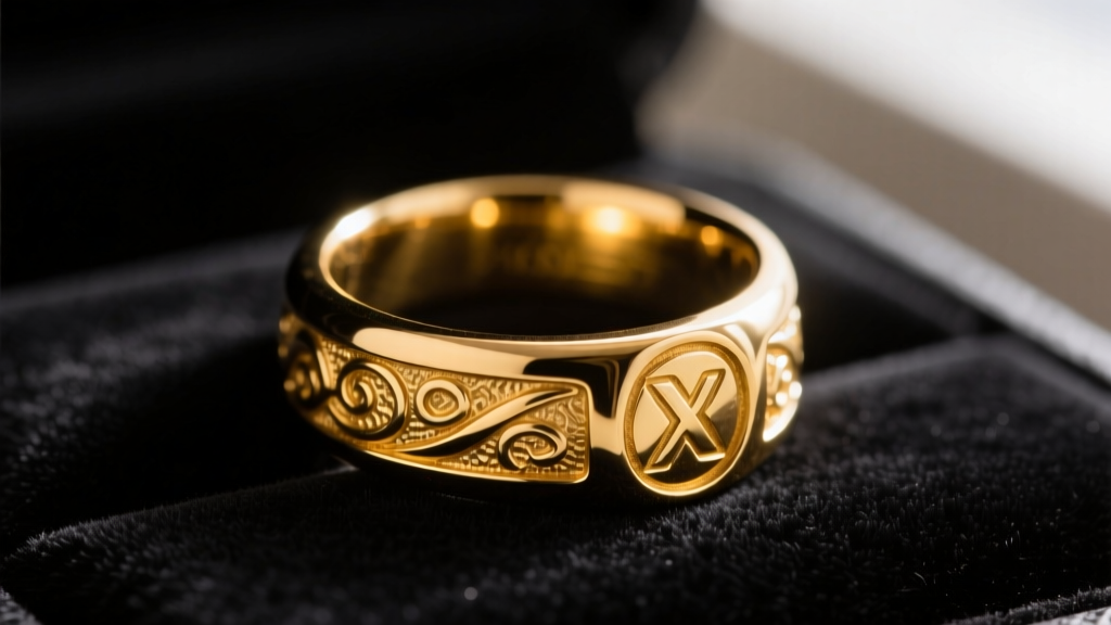Macro shot of a thick gold plated brass signet ring on dark velvet, highlighting rich yellow luster under warm light.