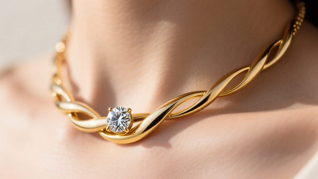 Close-up of an 18k yellow gold Elsa Peretti Diamonds by the Yard necklace on a collarbone, showing the single bezel-set diamond.