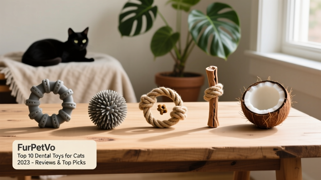 Side-by-side comparison of five FurPetVo dental toys: chew ring, bristle ball, treat maze, rope knot, and coconut stick