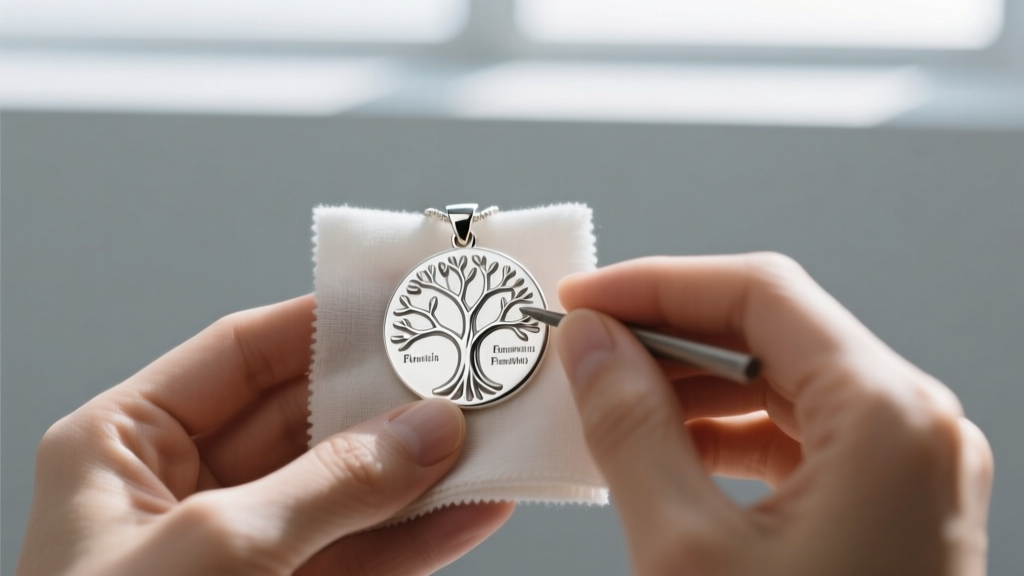 Jeweler using a soft microfiber cloth to gently polish the laser-engraved back of a sterling silver Kiam family tree pendant.
