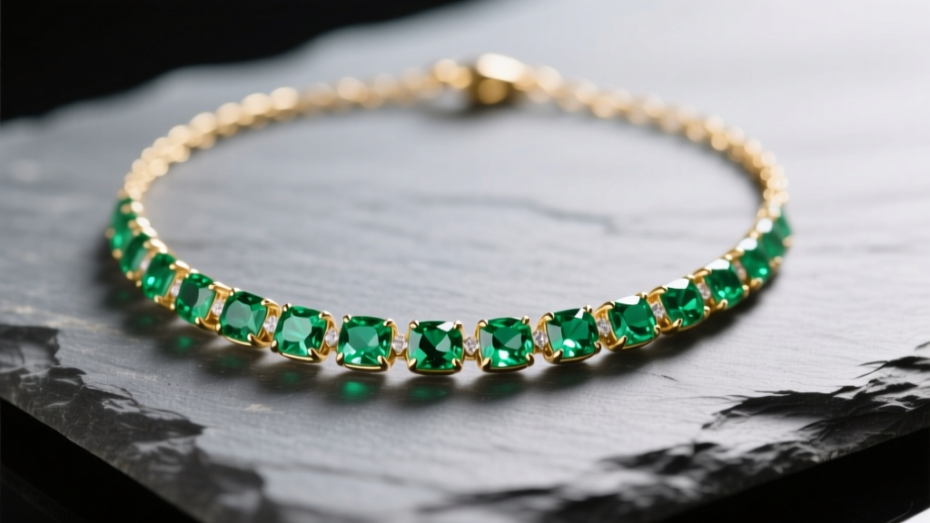 Close-up of an 18k gold emerald necklace trail on slate, showing bezel-set green gems and fine chains under soft studio light
