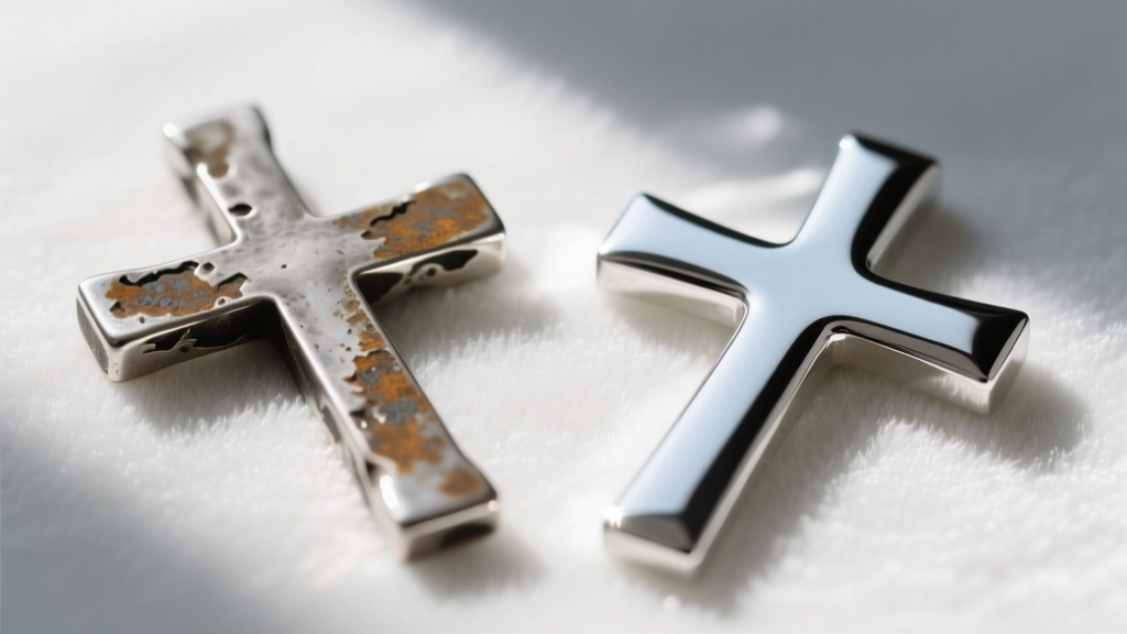 Side-by-side comparison of a tarnished raw sterling silver cross and a bright rhodium-plated silver cross resting on white velvet.