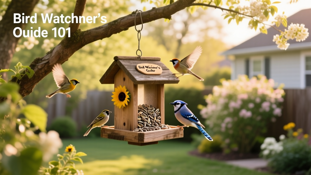 A sunny backyard with a hanging bird feeder surrounded by trees and shrubs