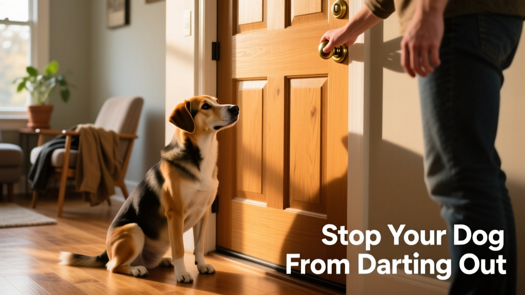 Dog sitting calmly beside a closed front door while owner reaches for the doorknob