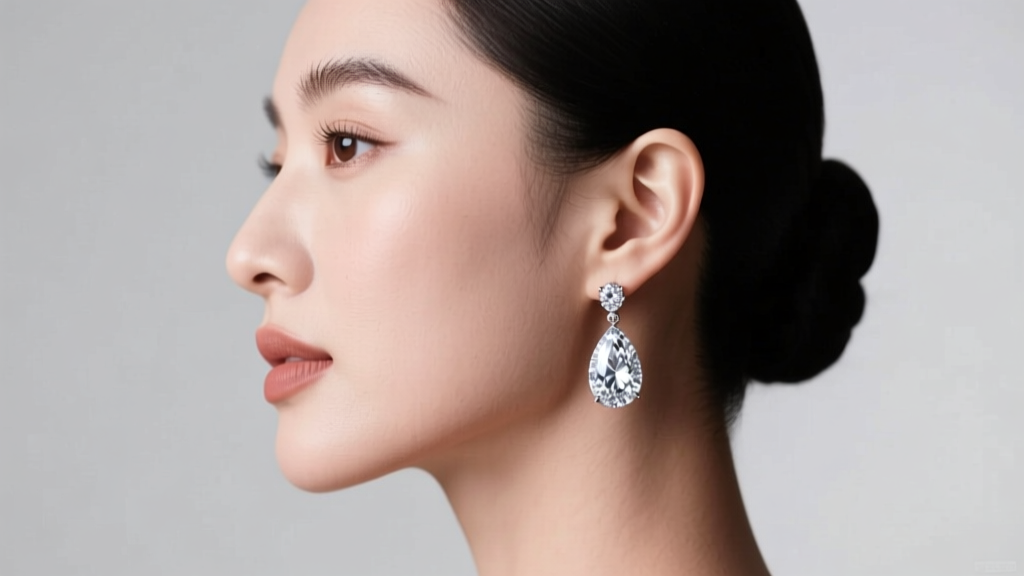 Elegant woman in soft studio lighting wearing pear-shaped diamond drop earrings in 18k white gold, shown from a side profile view.